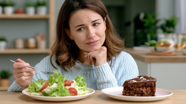 Hesitating woman with fork choosing between fresh salad and chocolate cake at kitchen table. Healthy food versus sweets dilemma. Diet, willpower and healthy eating choice concept.