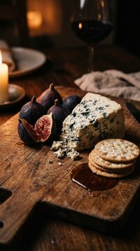 Rustic blue cheese platter with fresh figs and crackers, gourmet appetizer board on dark wooden table, elegant wine and cheese pairing