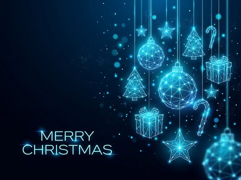 Abstract digital christmas ornaments with glowing wireframe mesh