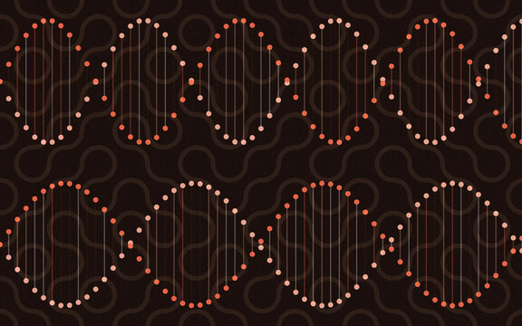 DNA helix structure illustration with coral dots and connecting lines on dark wavy background.