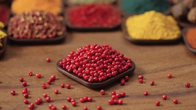 pink peppercorn from the Baies rose plant in a square bowl on a wooden table, surrounded by various spices and herbs.