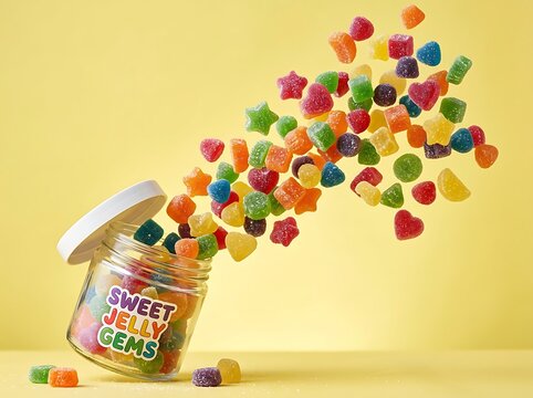 Colorful jelly candies spilling out of a glass jar