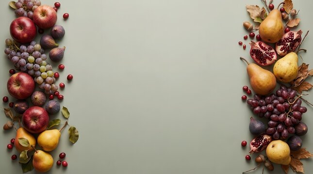 Autumn fruit arrangement with apples pears grapes and figs on a muted green background