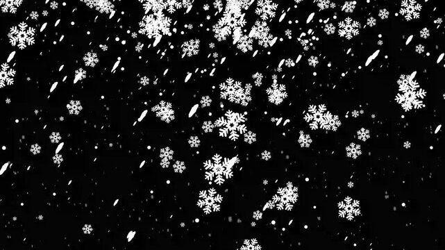 Winter snowfall loop animation on holiday background, snowfall for Christmas and holiday design, snowflakes falling with bokeh effect and winter glitter shine layer on black background,4k video
