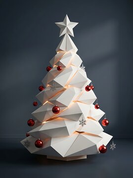 Modern geometric white christmas tree with red ornaments and lights