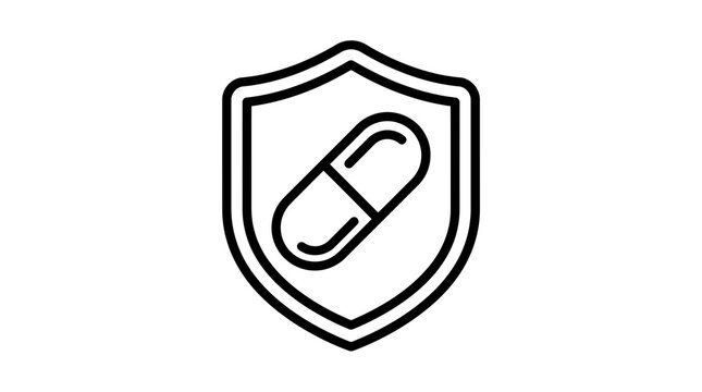A minimalist black and white line art icon representing a medical pill capsule inside a protective shield symbol for healthcare safety and pharmaceutical security
