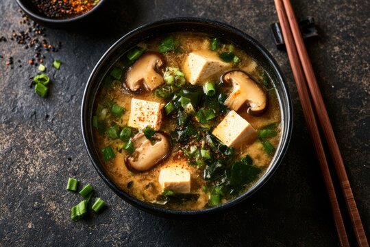 Japanese miso soup with tofu mushrooms green onions black stone top view