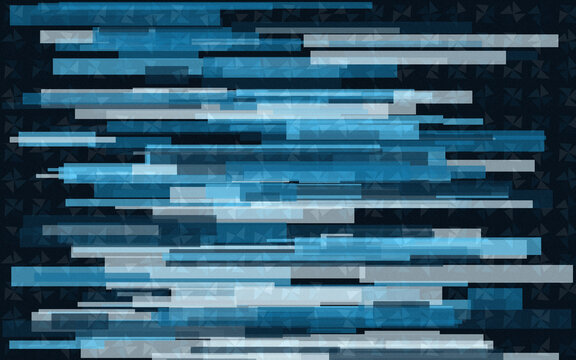 Abstract background with horizontal blue and white rectangles and triangles creating digital effect.