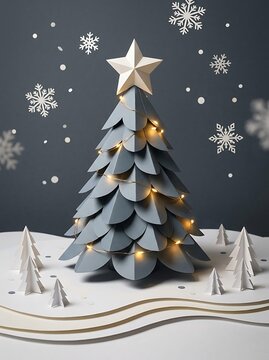 Paper craft christmas tree with lights and snowflakes