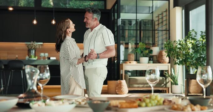Dance, love and mature couple in home for bonding, connection and romantic moment with music. House, marriage and man with woman with spin, song and moving for relationship, commitment and happy