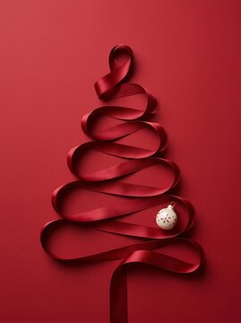 Christmas tree made of red ribbon with a white ornament