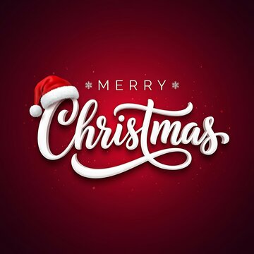 Merry christmas festive greeting card with santa hat on red background