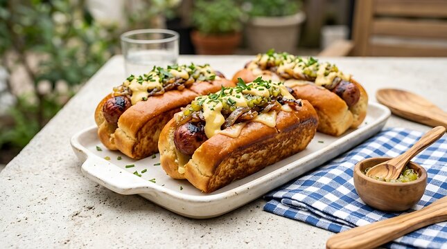 Delicious gourmet hot dogs topped with fresh herbs and sauce served on a tray at a sunny garden table. Backyard cookout ideas