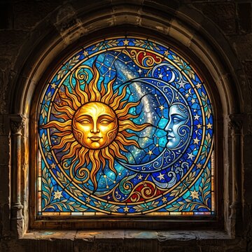 Sun and crescent moon faces glowing in stone-arched stained glass