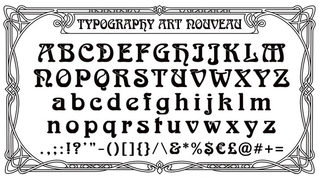 Art Nouveau typography alphabet with elegant decorative letters. Vintage ornamental font display uppercase, lowercase and symbols in organic art nouveau frame border.