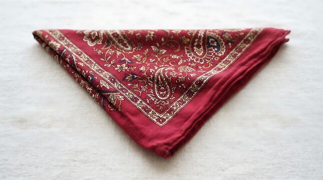 Red bandana with white paisley pattern folded neatly on white background