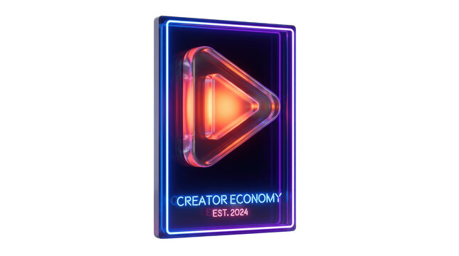 Neon illuminated play button icon inside a glass frame symbolizing the creator economy and media streaming.