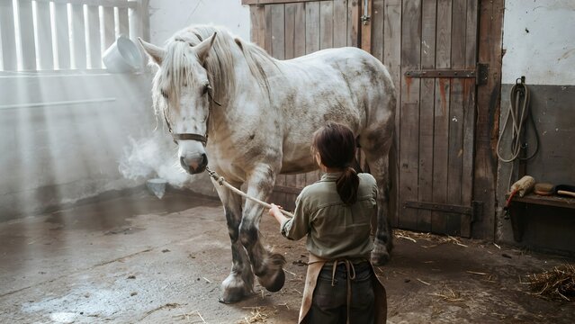 Young woman grooming white horse inside rustic stable with natural light