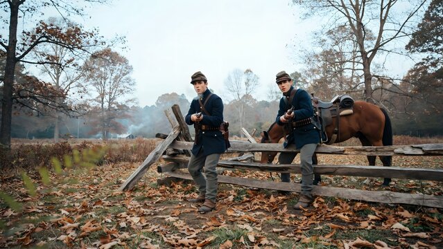 Civil War Reenactors Marching with Rifles and Uniforms in Fall Landscape