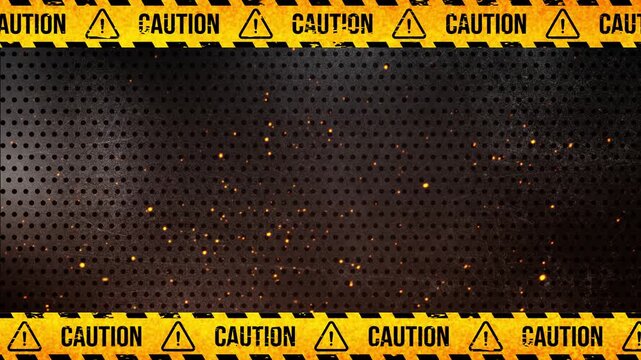Industrial Caution Tape Border with Repeated Safety Symbols Framing a Dark Metal Texture 4K 60 fps