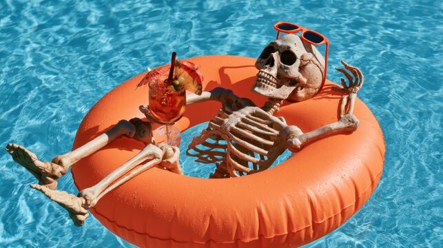 Relaxing skeleton in orange float with tropical drink and sunglasses enjoying summer day in clear blue swimming pool