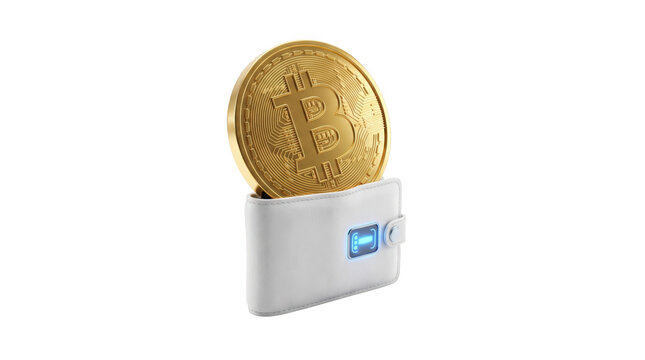 Golden cryptocurrency coin placed inside a modern white digital wallet on a plain transparent background.