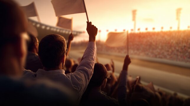 Crowd of spectators cheering at a sunset race, waving white flags in excitement and celebration