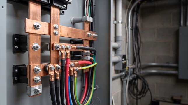 closeup of residential electrical busbar connection with copper conductors and organized wiring for safe power distribution and modern home infrastructure
