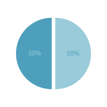Flat pie chart vector icon in blue color showing 50 and 50 percents isolated on white background. Circle diagram for infographics