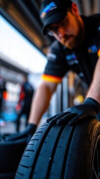 A focused mechanic inspects a tire in a bustling garage, showcasing dedication and precision