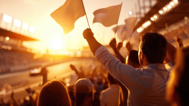 A crowd enthusiastically waving white flags at a race during a vibrant sunset