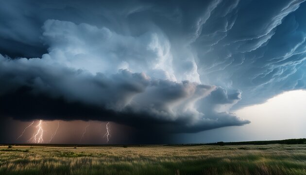 lightning from a tornado producing supercell view from the ground of the clouds in the sky