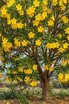 Beautiful yellow kaner tree full of blooming yellow oleander flowers in garden 