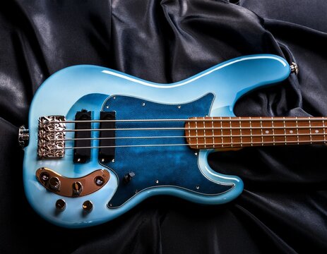 blue sunburst bass guitar on black fabric background