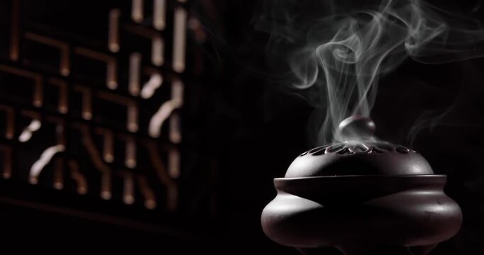 Warm Bamboo Curtain Incense Smoke Video - Cozy Oriental Zen Traditional Home Ambiance Footage Warm Ambient Smoke Effect for Chinese Lifestyle Brand Tea House Atmosphere Promo Oriental Homestay Tourism
