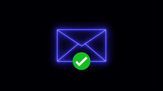 Glowing neon mail with checkmark icon animation, mail success notification, digital communication, message confirmation, business interface, 4K