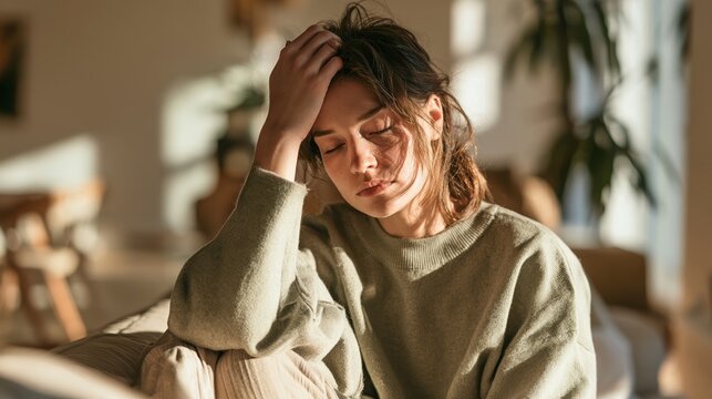 Iron deficiency signs. Young woman experiencing dizziness and discomfort while sitting on a sofa in a relaxed indoor setting.