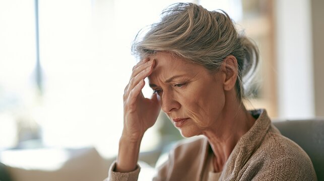 Iron deficiency signs. Adult woman sitting safely on a chair feeling lightheaded, depicting dizziness or faintness in a calm indoor setting.