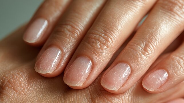 Iron deficiency signs. Close-up macro photo showing brittle fingernails on adult hands with high detail and clarity.