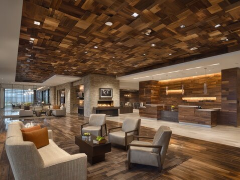 Upscale interior of a spacious lobby with wood paneling, seating areas, and a fireplace