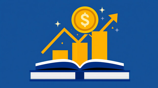 An illustration showcasing the concept of financial growth. A book opens with a rising graph and a dollar coin, symbolizing knowledge leading to economic success and investment.