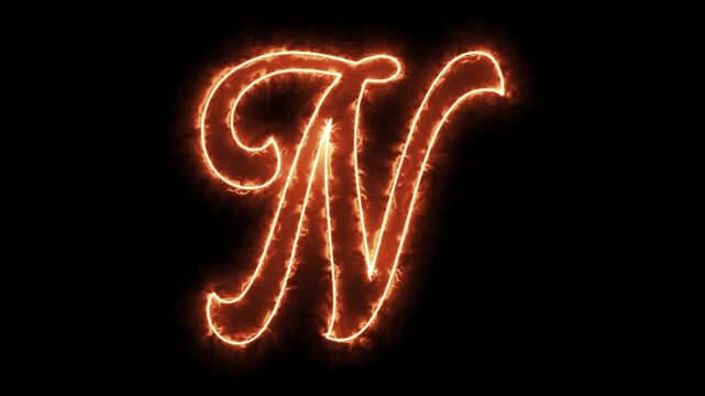 Letter n written in fiery glowing script, animated burning fire typography effect on black background