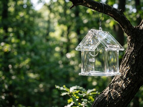 Glass house-shaped bird feeder hanging from tree branch in forest