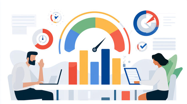 Two professionals analyze performance metrics using laptops and charts for strategic decision-making in a modern office environment. Efficiency and teamwork drive success.
