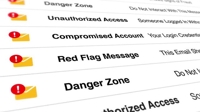 Digital interface showing compromised account notifications and security alerts with warning symbols and suspicious email messages