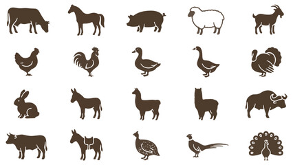 Fototapeta premium Farm animals vector icon set featuring silhouette illustrations of various livestock species and domestic creatures