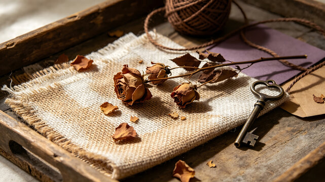 Vintage still life with dried roses, antique key and linen fabric on old wooden tray