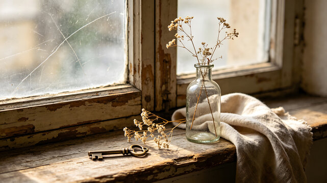 Vintage still life with dried wildflowers in glass bottle and antique key on old wooden window sill