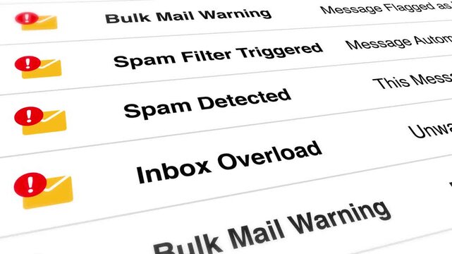Digital inbox interface filled with spam detected notifications and warning icons in a clean modern design.