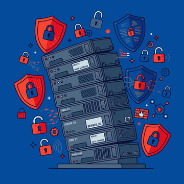 stack of modern servers surrounded by cybersecurity shields and padlocks vector illustration on a dark blue background